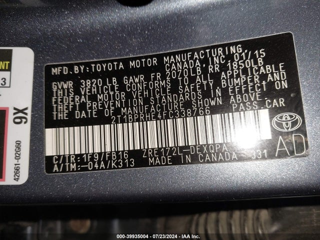 Toyota Corolla Le Eco 2015 2T1BPRHE4FC338766 Image 9