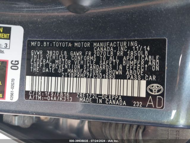 2T1BPRHE7FC301680 Toyota Corolla Le Eco Plus
