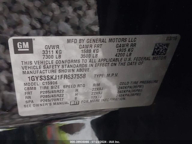 1GYS3SKJ1FR637558 Cadillac Escalade Esv Luxury