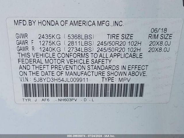 5J8YD3H54JL009911 Acura Mdx Technology Package   Acurawatch Plus Pkg