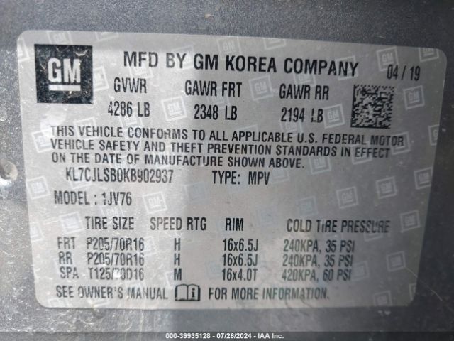 KL7CJLSB0KB902937 Chevrolet Trax Lt