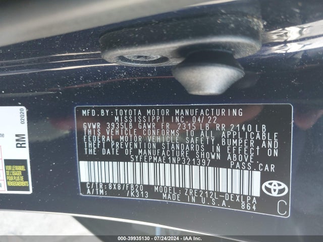 Toyota COROLLA LE 2022 5YFEPMAE1NP321397 Image 9