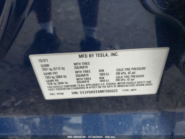 2021 TESLA MODEL Y 5YJYGDEE8MF286522 Photo 8