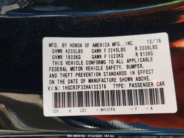 Honda ACCORD LX 2017 1HGCR2F32HA132376 Image 9