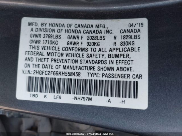 2HGFC2F66KH558458 Honda Civic Lx