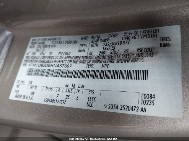 Ford Escape Titanium 2017 1FMCU9JD9HUA67607 Image 9
