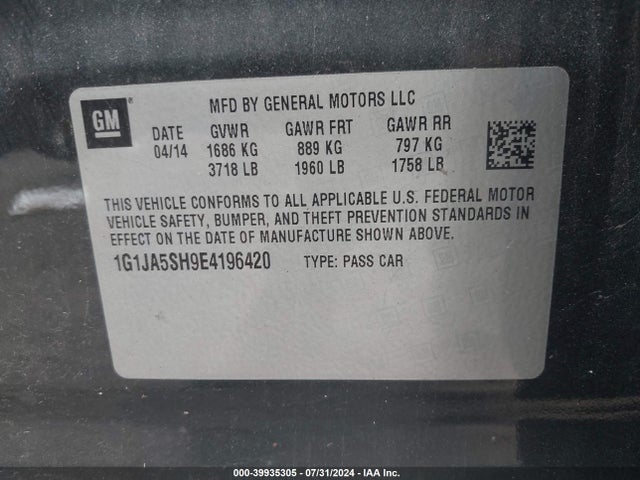 Chevrolet Sonic Ls Auto 2014 1G1JA5SH9E4196420 Image 9