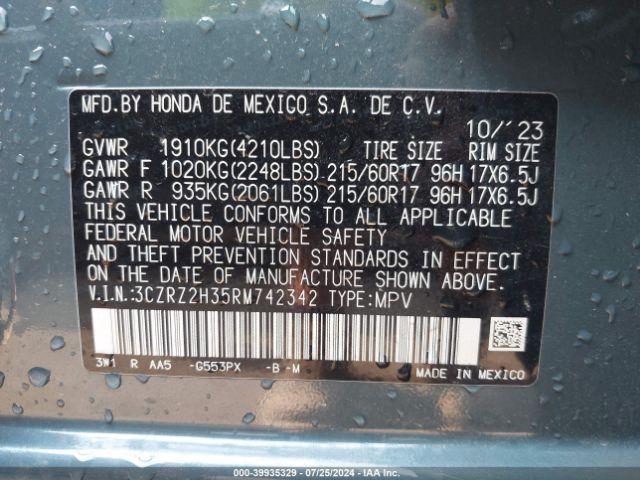 3CZRZ2H35RM742342 Honda Hr-v Awd Lx
