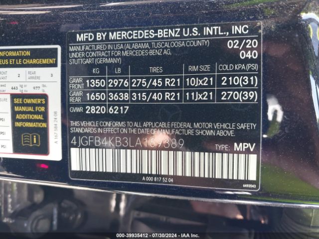 4JGFB4KB3LA189389 Mercedes-Benz Gle 350 4matic