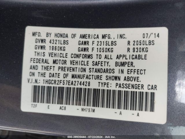 1HGCR2F57EA274428 Honda Accord Sport