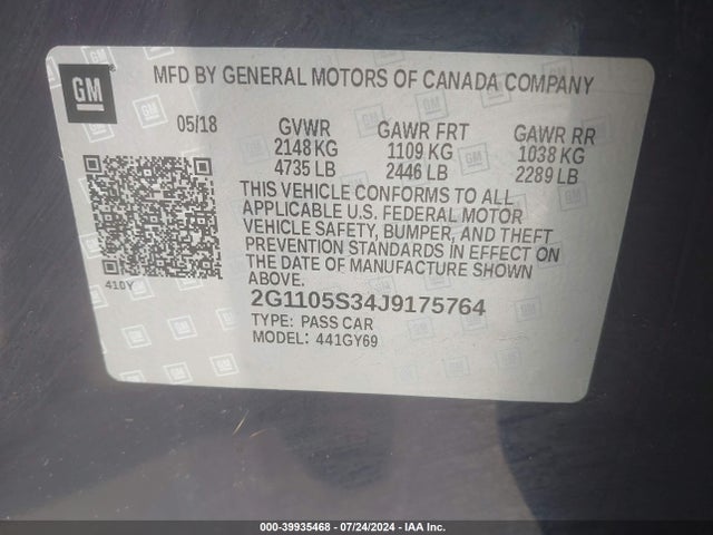 Chevrolet IMPALA 1LT 2018 2G1105S34J9175764 Image 9
