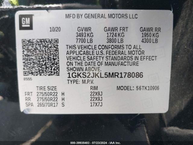 1GKS2JKL5MR178086 GMC Yukon Xl 4wd Denali