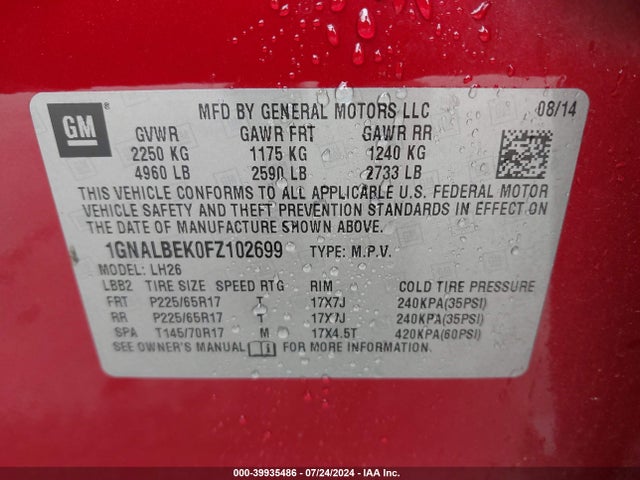 Chevrolet EQUINOX 1LT 2015 1GNALBEK0FZ102699 Image 9