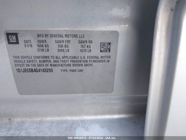 Chevrolet Sonic Ltz Auto 2016 1G1JE6SB4G4143200 Image 9