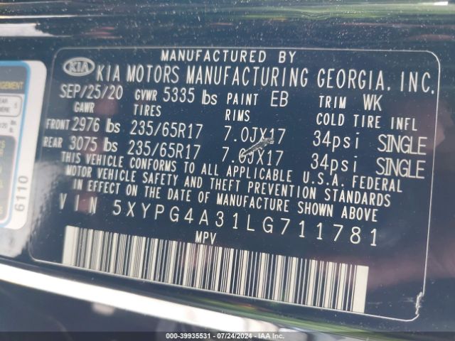5XYPG4A31LG711781 KIA Sorento 2.4l L