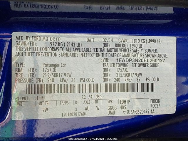 1FADP3N20EL260127 Ford Focus Titanium