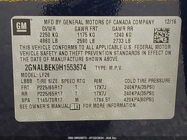 2GNALBEK9H1553674 Chevrolet EQUINOX LS
