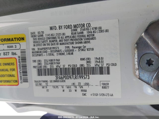 Ford Fusion Titanium 2020 3FA6P0D97LR199573 Image 9