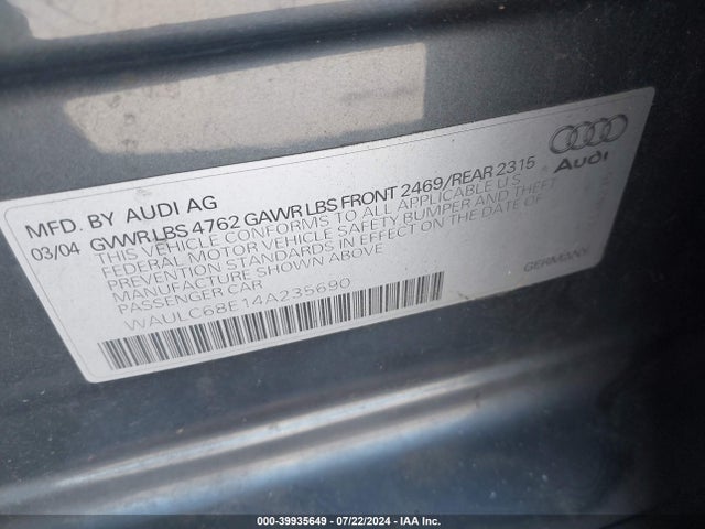 39935649 :رقم المزاد ، WAULC68E14A235690 vin ، 2004 Audi A4 1.8t مزاد بيع