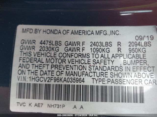1HGCV2F96KA035964 Honda Accord Touring 2.0t