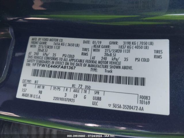 1FTFW1E44KFA81367 Ford F-150 Platinum