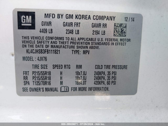 KL4CJHSB3FB111821 Buick Encore Premium