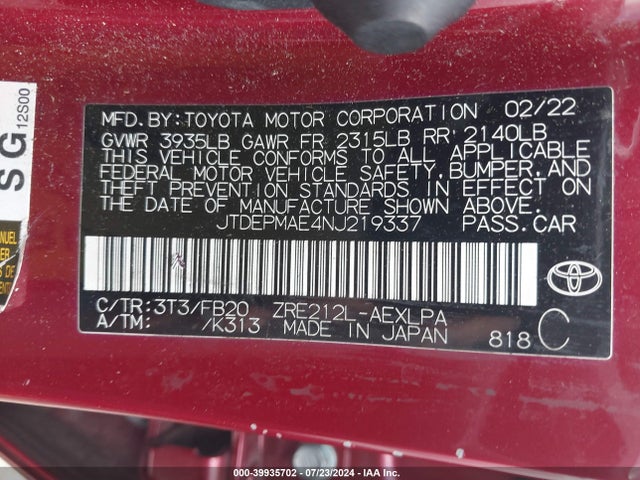 Toyota COROLLA LE 2022 JTDEPMAE4NJ219337 Image 9