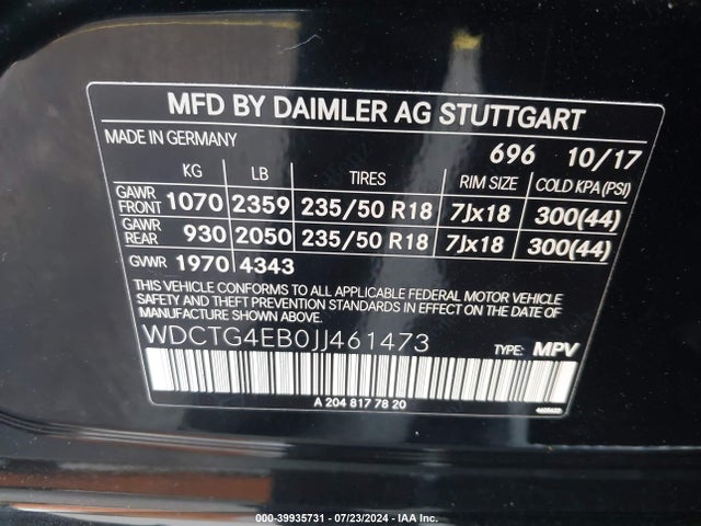 WDCTG4EB0JJ461473 Mercedes-Benz GLA 250