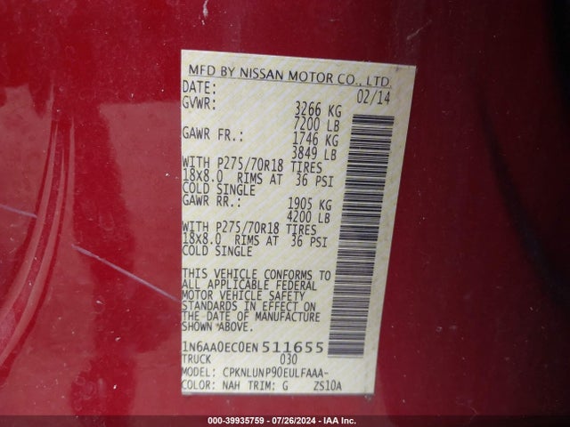 Nissan Titan Pro-4x 2014 1N6AA0EC0EN511655 Image 9