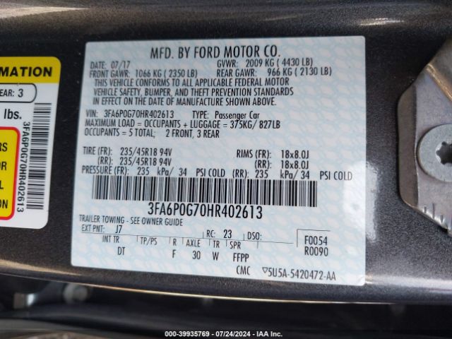 3FA6P0G70HR402613 Ford FUSION S