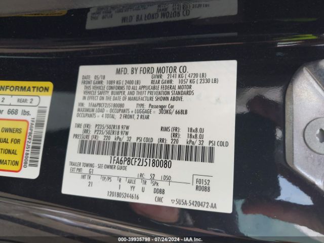 1FA6P8CF2J5180080 Ford MUSTANG GT
