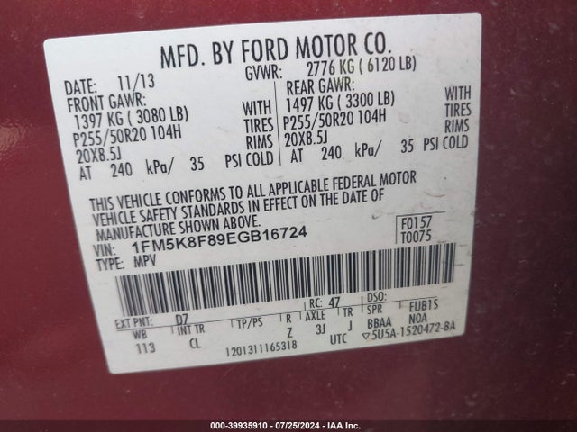 Ford Explorer Limited 2014 1FM5K8F89EGB16724 Image 9