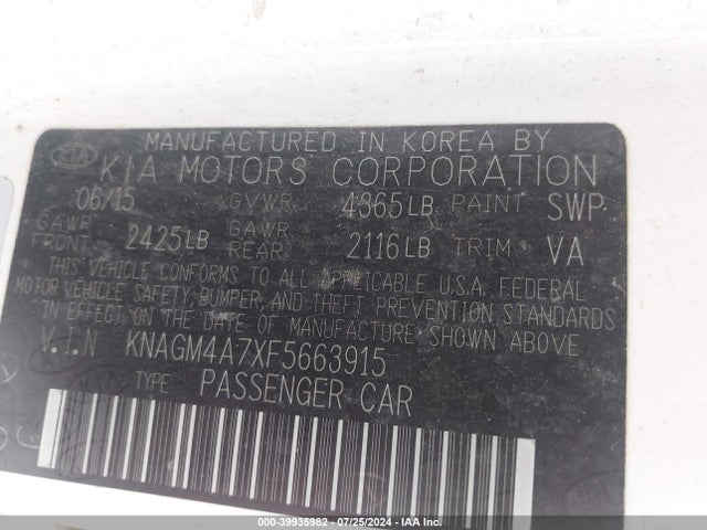 KIA Optima Lx 2015 KNAGM4A7XF5663915 Image 9