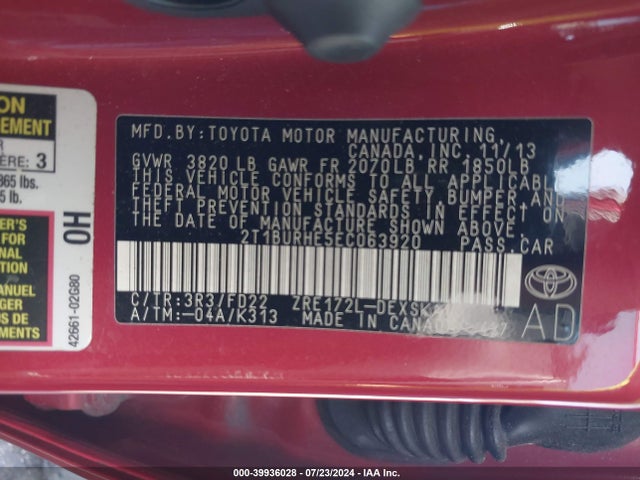 Toyota Corolla S Plus 2014 2T1BURHE5EC063920 Image 9
