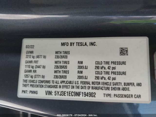 5YJ3E1EC9NF194902 Tesla Model 3 Performance Dual Motor All-wheel Drive