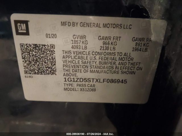 1G1ZD5STXLF086945 Chevrolet Malibu Fwd Lt