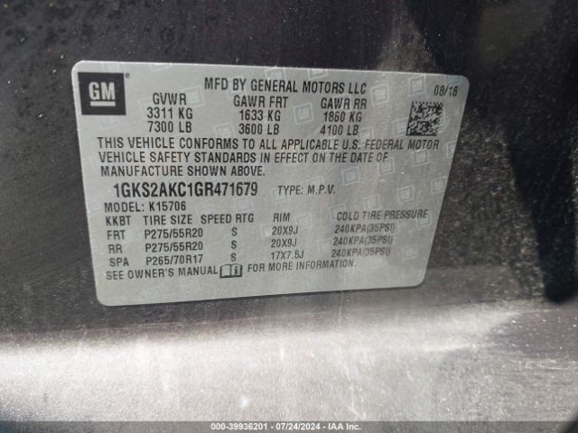 1GKS2AKC1GR471679 GMC YUKON SLE