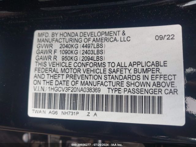 1HGCV3F20NA038369 Honda Accord Hybrid Sport