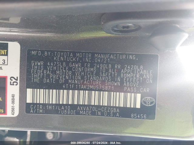 Toyota CAMRY XLE 2021 4T1F11AK2MU575871 Image 9