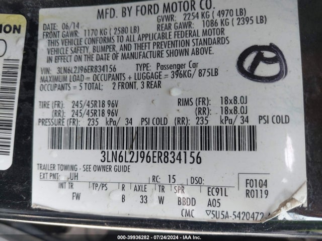 Lincoln MKZ 2014 3LN6L2J96ER834156 Image 9