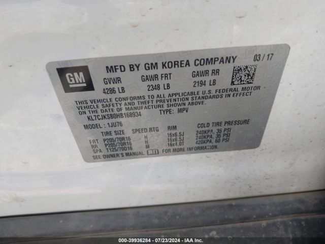 KL7CJKSB0HB168934 Chevrolet TRAX LS