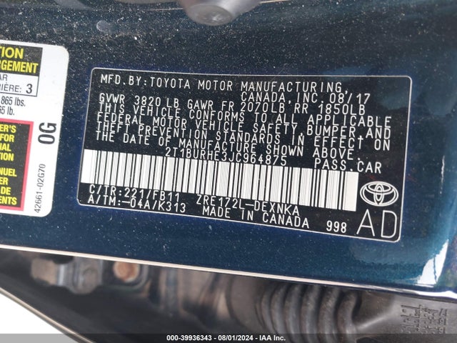 Toyota COROLLA LE 2018 2T1BURHE3JC964875 Image 9