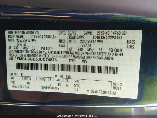 Ford ESCAPE SE 2018 1FMCU9GD5JUC74816 Image 9
