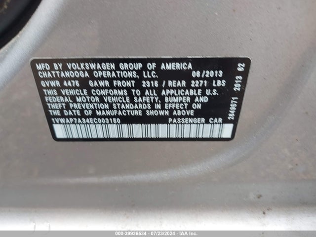 Volkswagen Passat 2.5l Wolfsburg Edition 2014 1VWAP7A34EC003150 Image 9