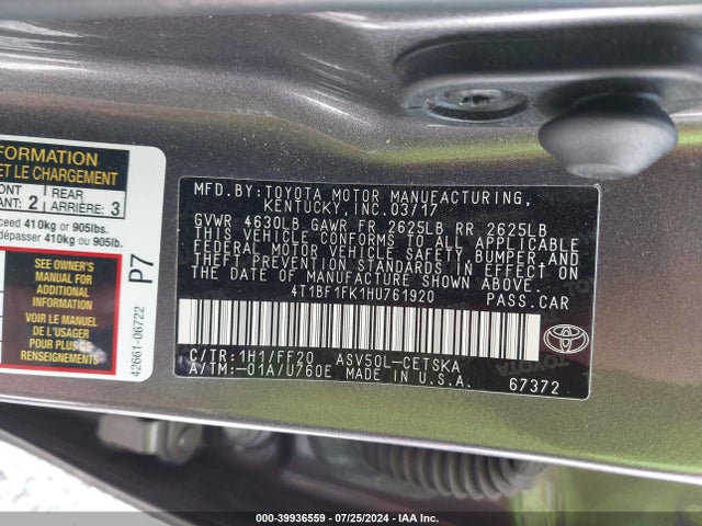 Toyota CAMRY SE 2017 4T1BF1FK1HU761920 Image 9
