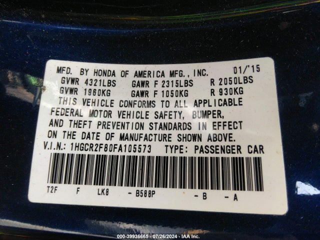 Honda Accord Ex-l 2015 1HGCR2F80FA105573 Image 9