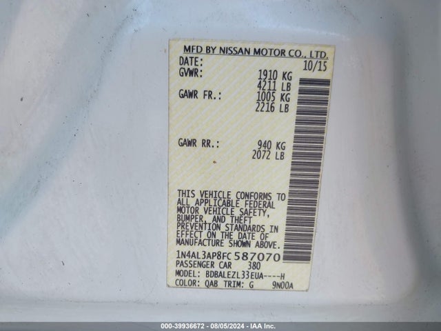 Nissan Altima 2.5 S 2015 1N4AL3AP8FC587070 Image 9