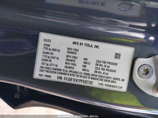 Tesla Model 3 Rear-wheel Drive 2023 5YJ3E1EA7PF502702 Image 9