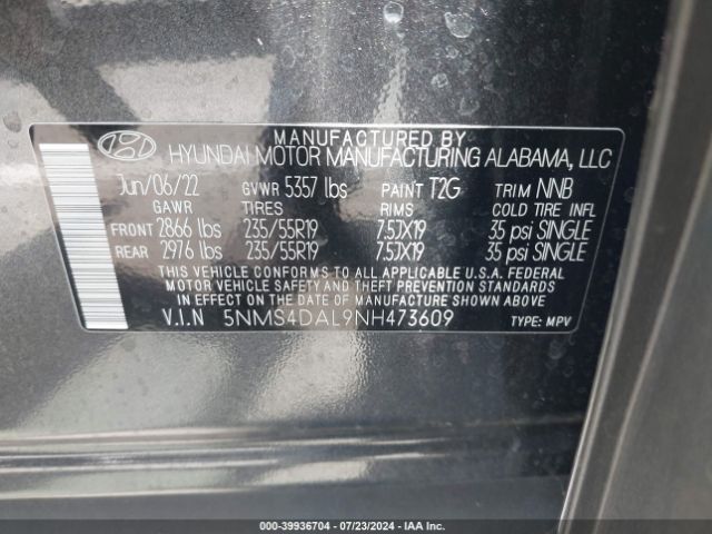 5NMS4DAL9NH473609 Hyundai Santa Fe Limited