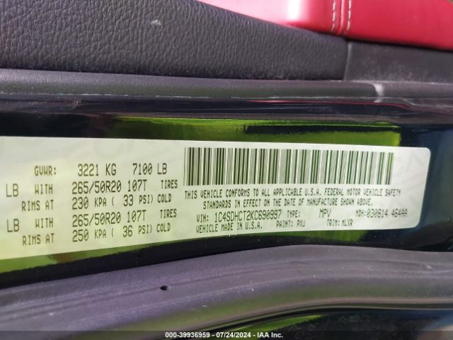 1C4SDHCT2KC690997 Dodge Durango R/t Rwd